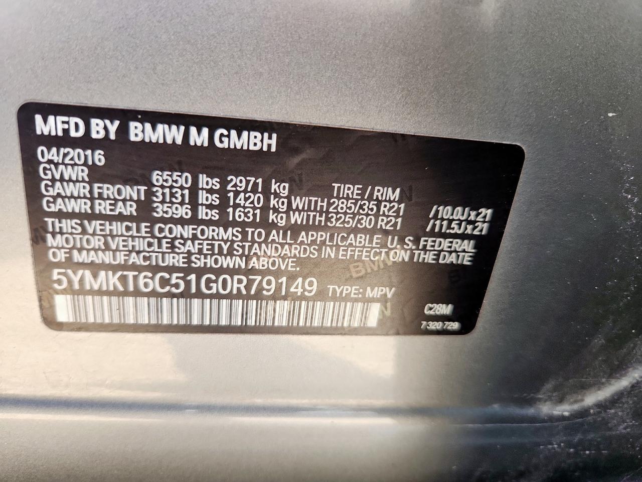 2016 BMW X5 M VIN: 5YMKT6C51G0R79149 Lot: 80905575