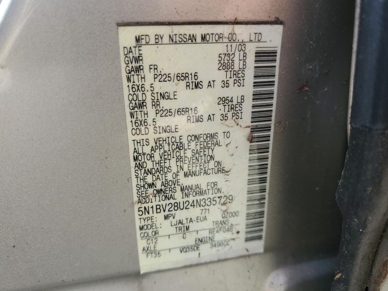 2004 Nissan Quest S VIN: 5N1BV28U24N335729 Lot: 71305575