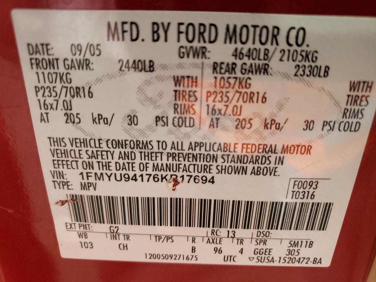 2006 Ford Escape Limited VIN: 1FMYU94176KB17694 Lot: 81711915