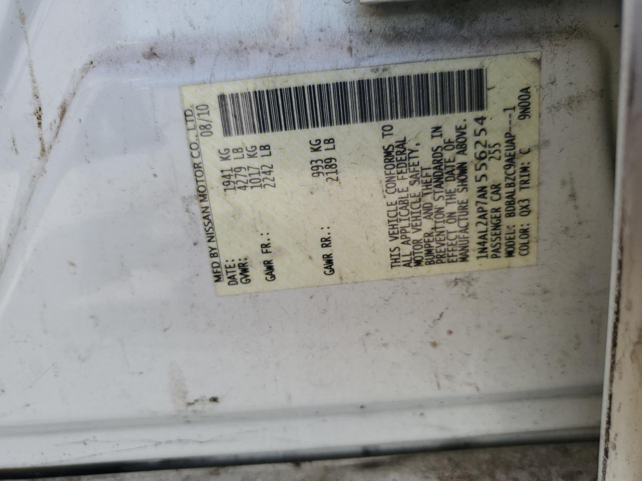 2010 Nissan Altima Base VIN: 1N4AL2AP7AN556254 Lot: 82146095