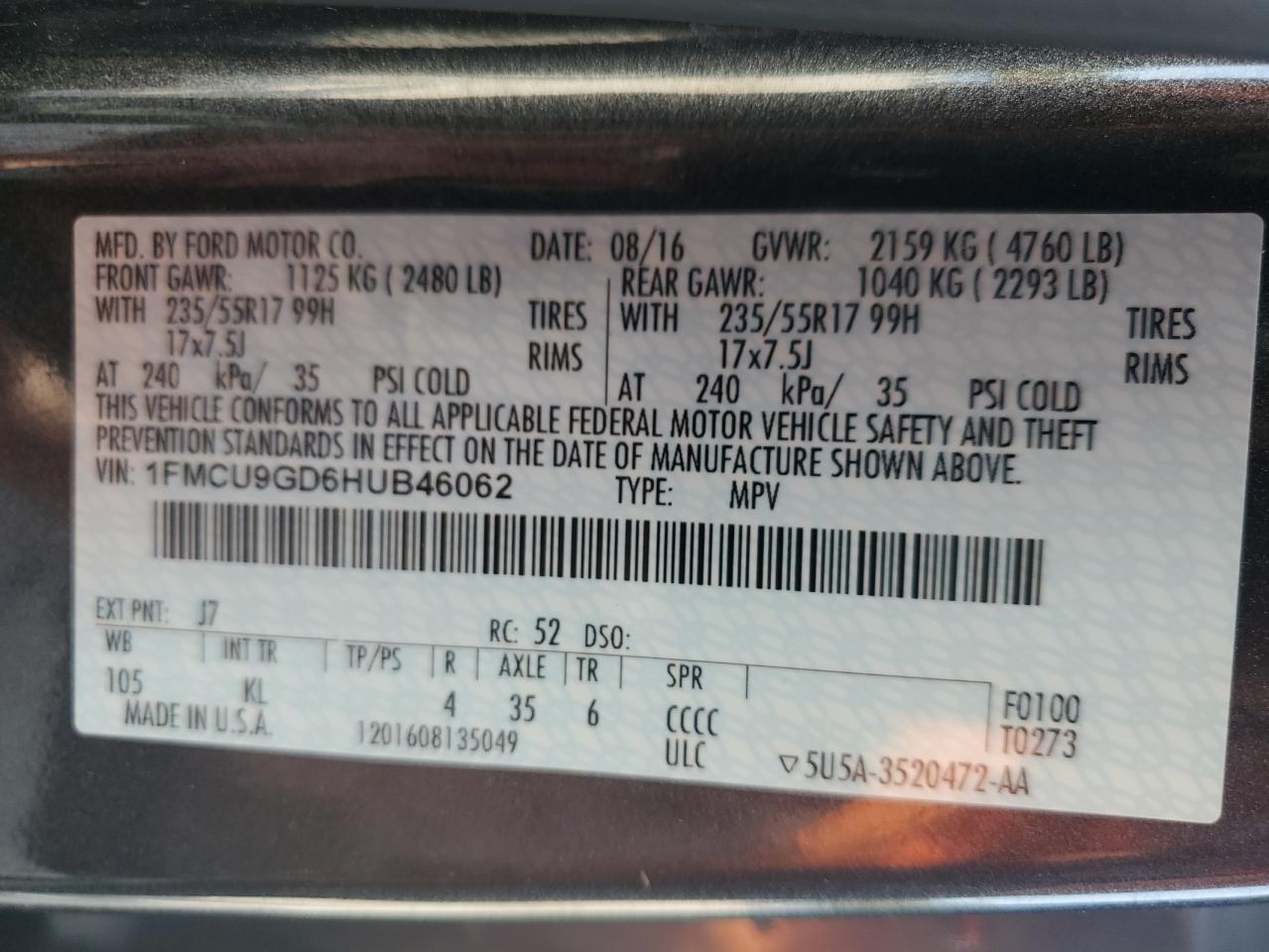 2017 Ford Escape Se VIN: 1FMCU9GD6HUB46062 Lot: 84384065