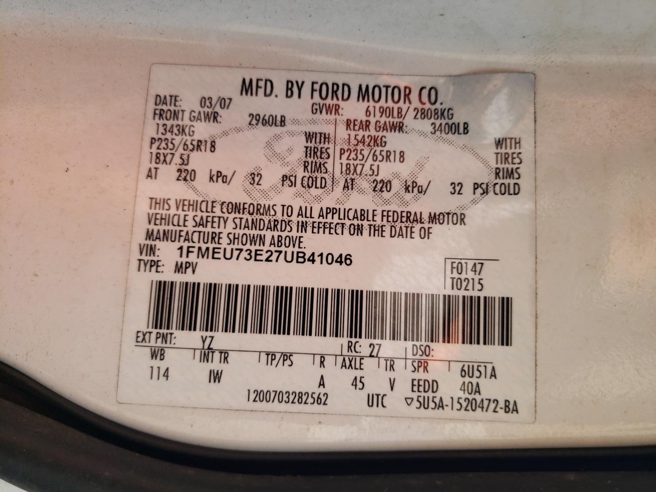 2007 Ford Explorer Xlt VIN: 1FMEU73E27UB41046 Lot: 70408805