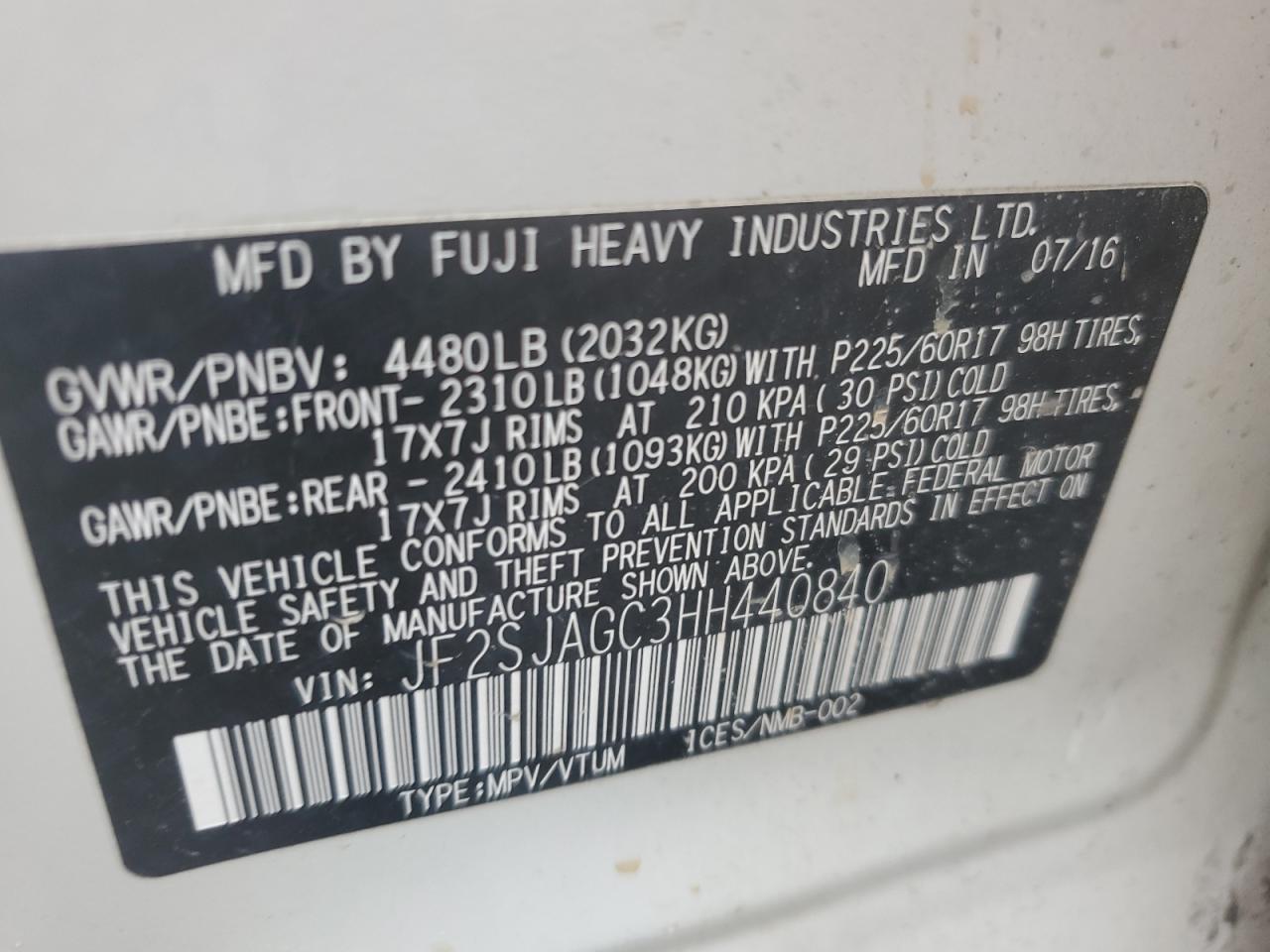 2017 Subaru Forester 2.5I Premium VIN: JF2SJAGC3HH440840 Lot: 82100855