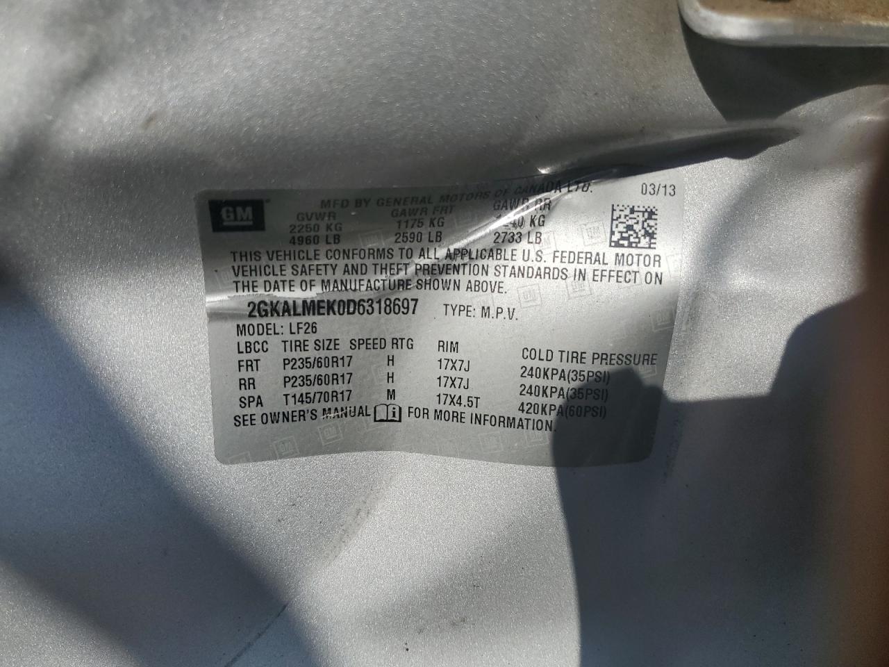 2013 GMC Terrain Sle VIN: 2GKALMEK0D6318697 Lot: 71891825