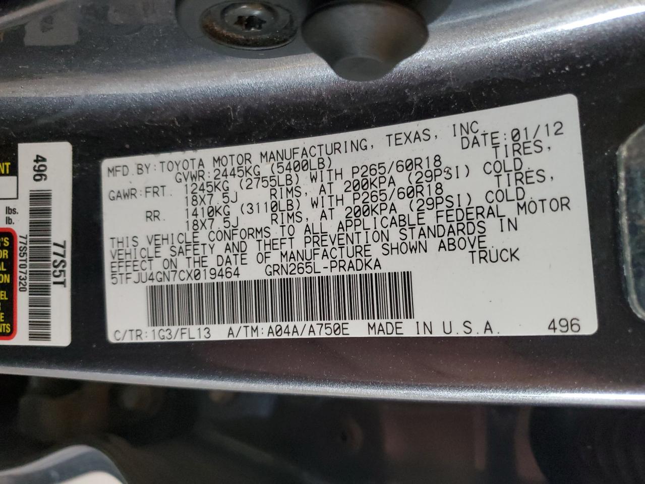 2012 Toyota Tacoma Double Cab Prerunner VIN: 5TFJU4GN7CX019464 Lot: 82155555