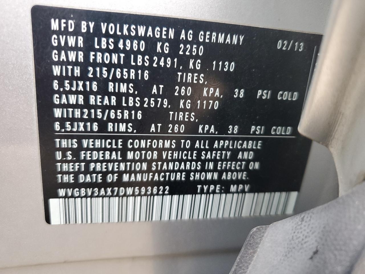 2013 Volkswagen Tiguan S VIN: WVGBV3AX7DW593622 Lot: 81320465