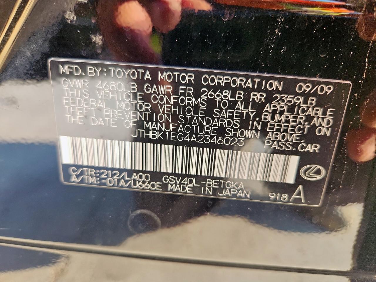 2010 Lexus Es 350 VIN: JTHBK1EG4A2346023 Lot: 80939005