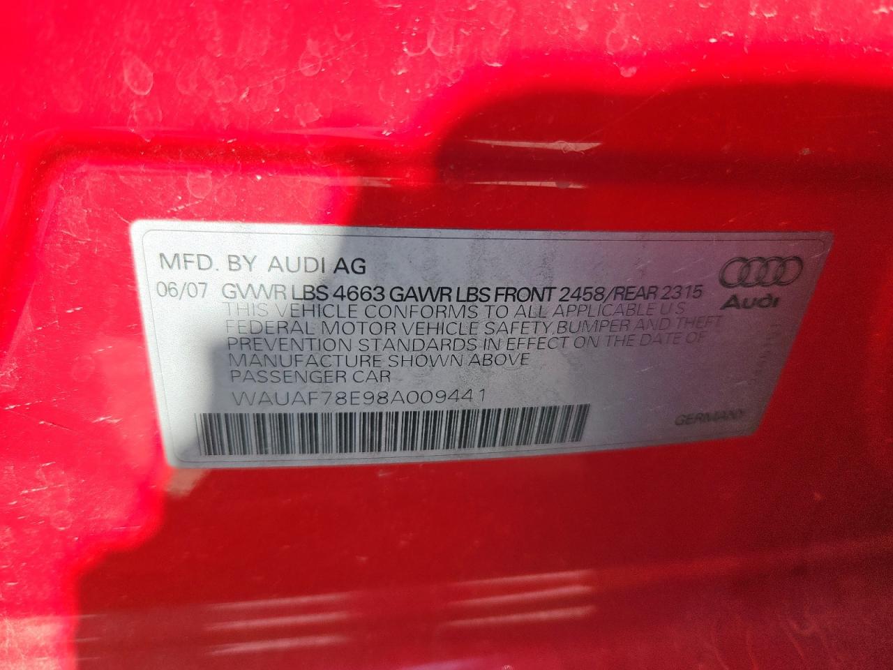 2008 Audi A4 2.0T VIN: WAUAF78E98A009441 Lot: 84364075