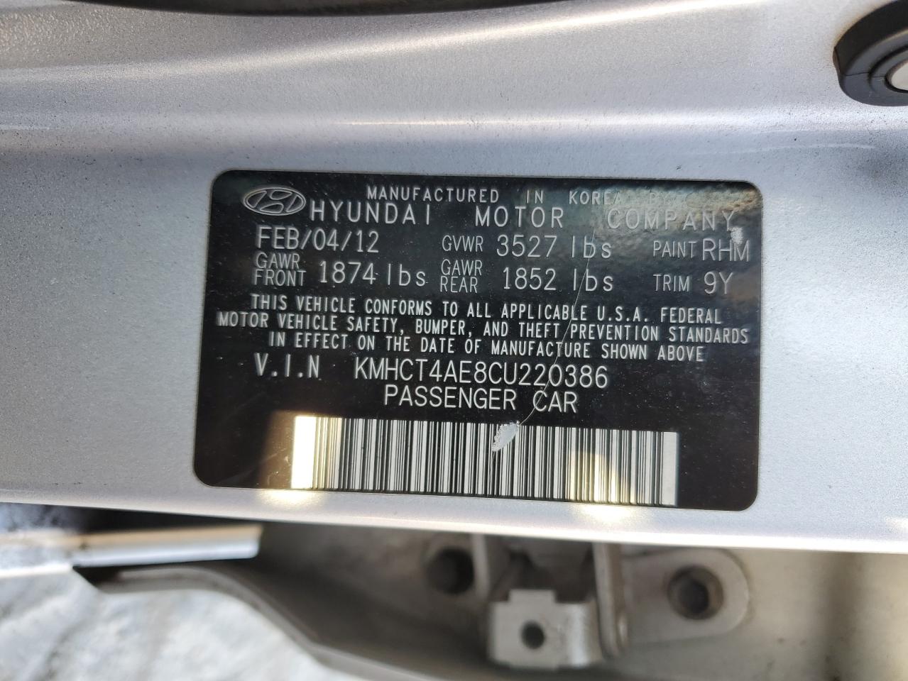 2012 Hyundai Accent Gls VIN: KMHCT4AE8CU220386 Lot: 82142025