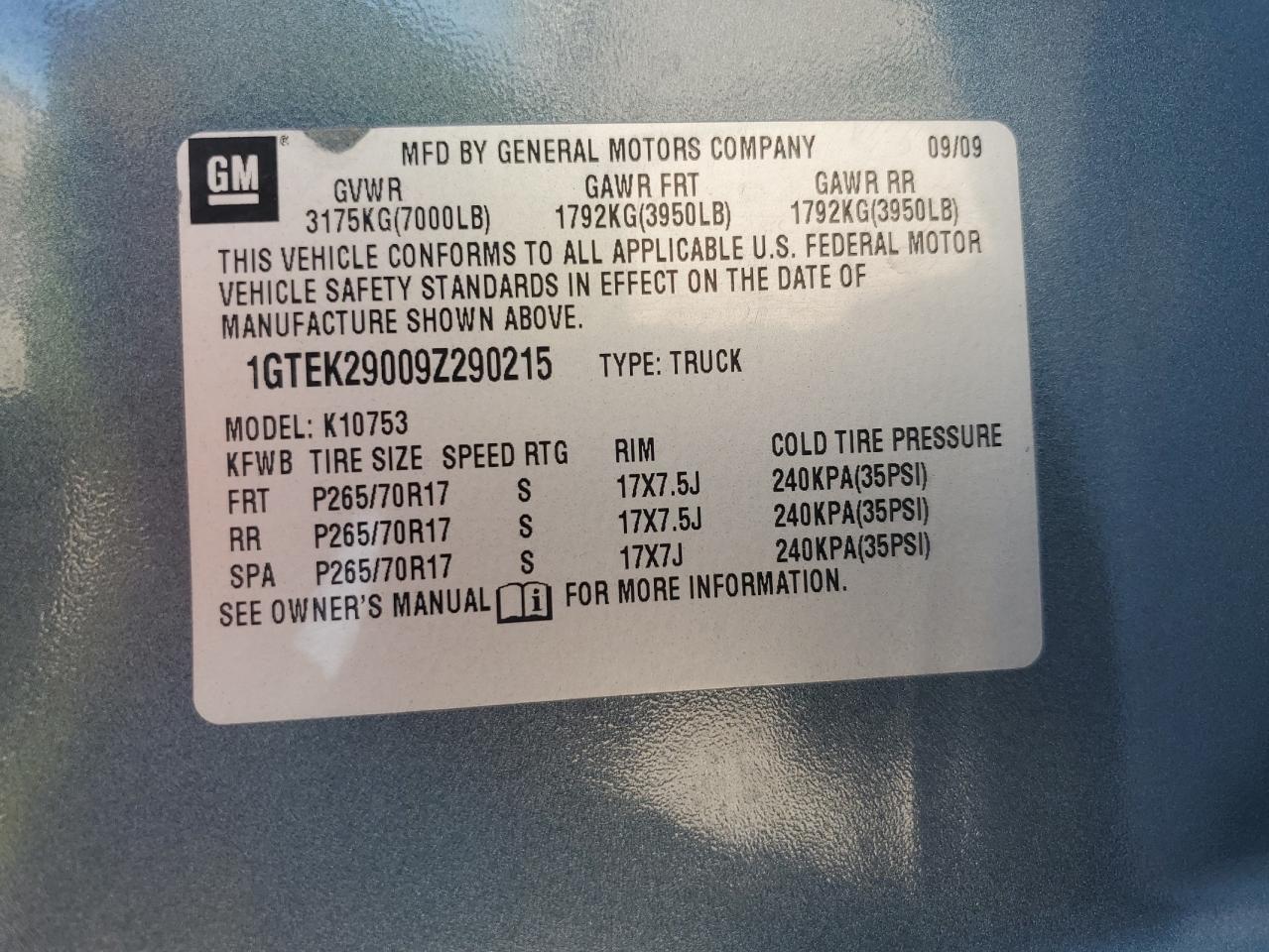 2009 GMC Sierra K1500 Sle VIN: 1GTEK29009Z290215 Lot: 71098575