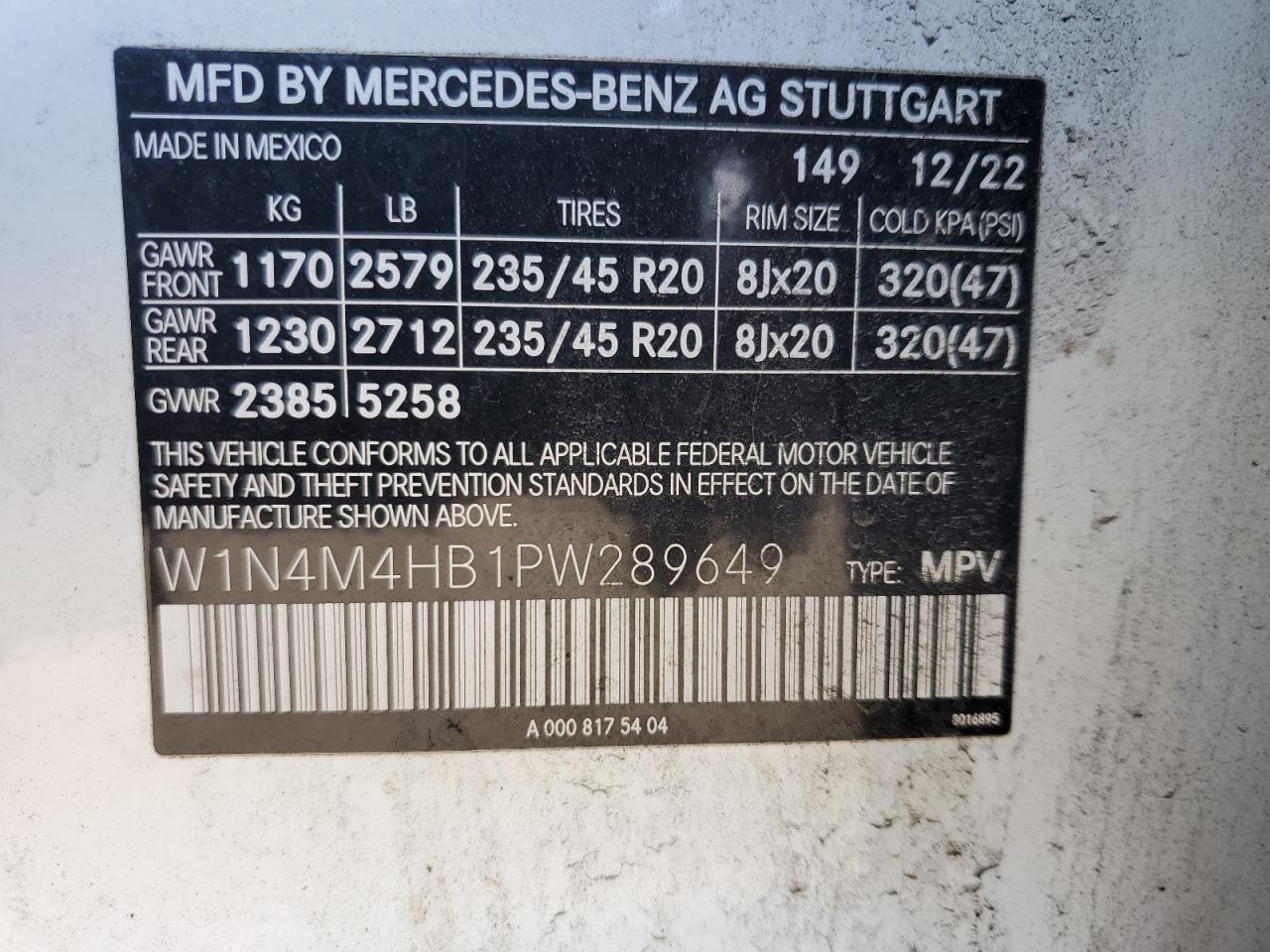 2023 Mercedes-Benz Glb 250 4Matic VIN: W1N4M4HB1PW289649 Lot: 80439015