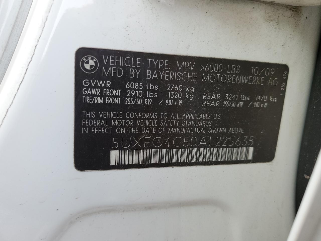 2010 BMW X6 xDrive35I VIN: 5UXFG4C50AL225635 Lot: 71685765