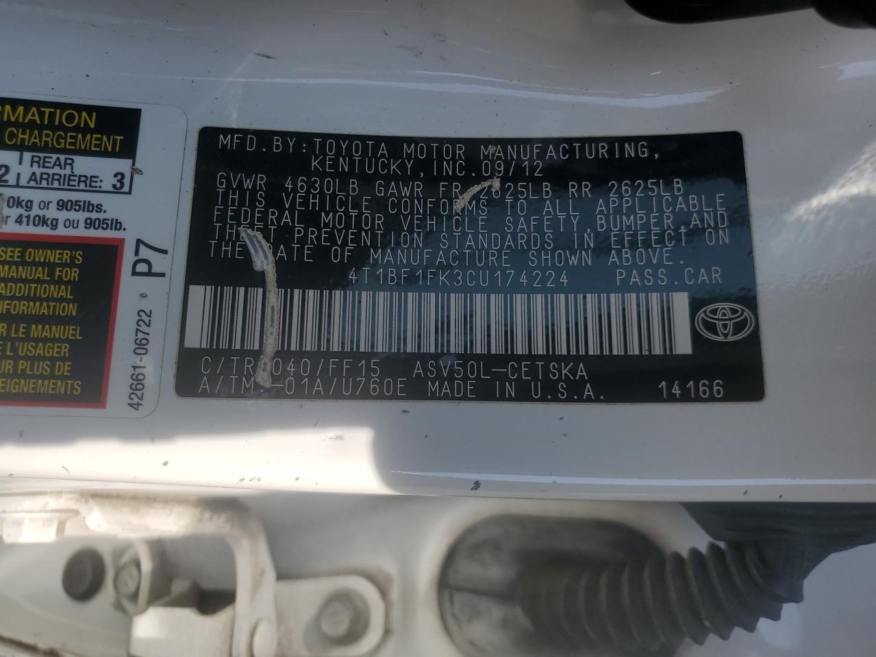 2012 Toyota Camry Base VIN: 4T1BF1FK3CU174224 Lot: 80370225