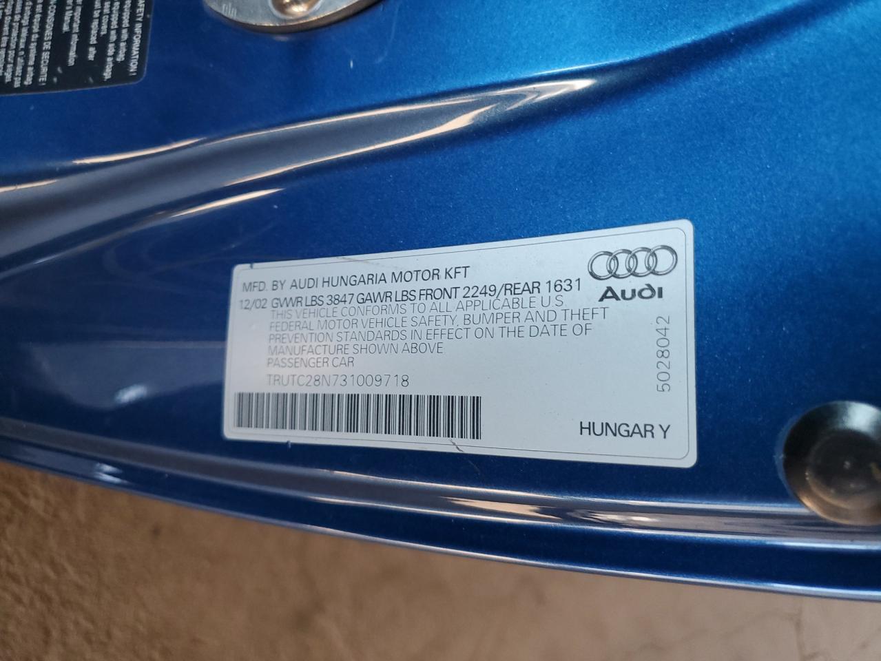 2003 Audi Tt VIN: TRUTC28N731009718 Lot: 82021075