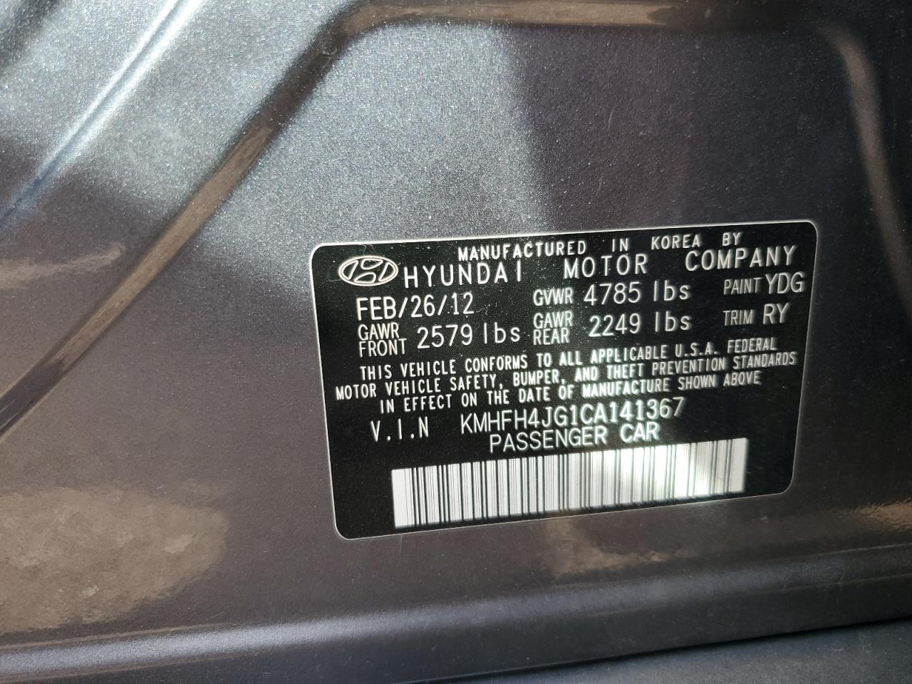 2012 Hyundai Azera Gls VIN: KMHFH4JG1CA141367 Lot: 71907445