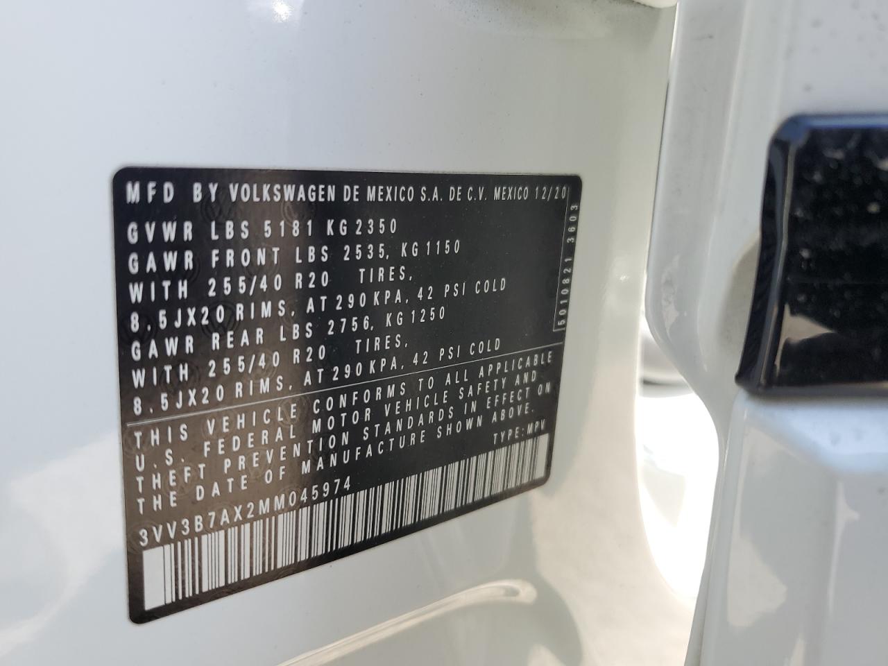 2021 Volkswagen Tiguan Se VIN: 3VV3B7AX2MM045974 Lot: 83938035