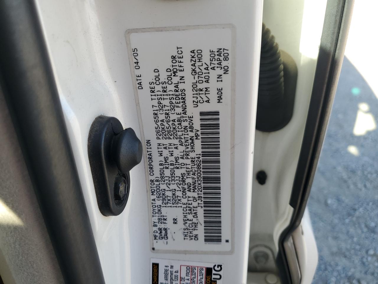 2005 Lexus Gx 470 VIN: JTJBT20X350086241 Lot: 81723835