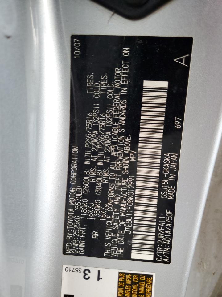 2008 Toyota Fj Cruiser VIN: JTEBU11F08K012991 Lot: 84152815