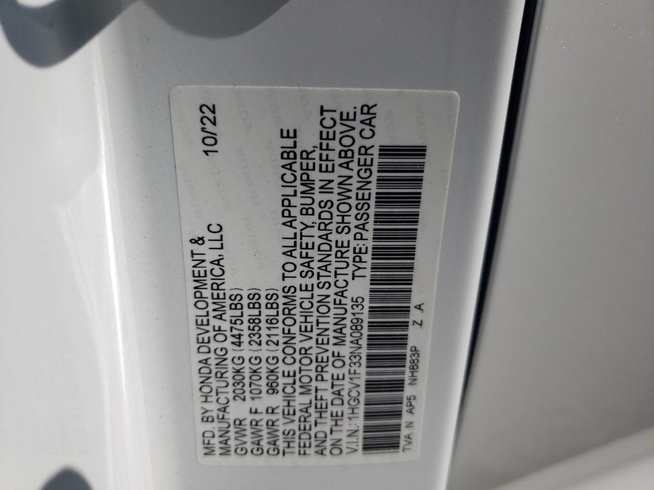 2022 Honda Accord Sport VIN: 1HGCV1F33NA089135 Lot: 72090235