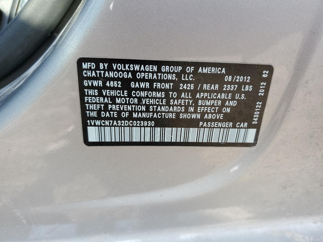 2013 Volkswagen Passat Sel VIN: 1VWCN7A32DC023930 Lot: 71714995