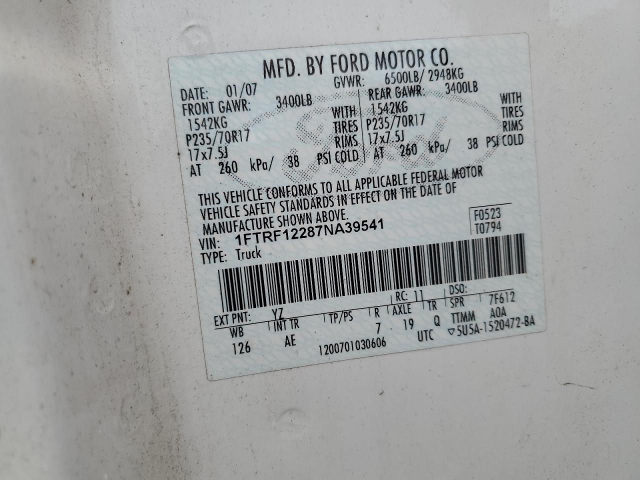 2007 Ford F150 VIN: 1FTRF12287NA39541 Lot: 81596105