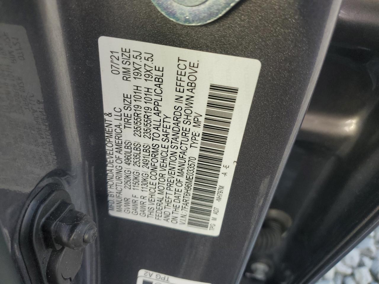 2021 Honda Cr-V Touring VIN: 7FART6H96ME033570 Lot: 81800545