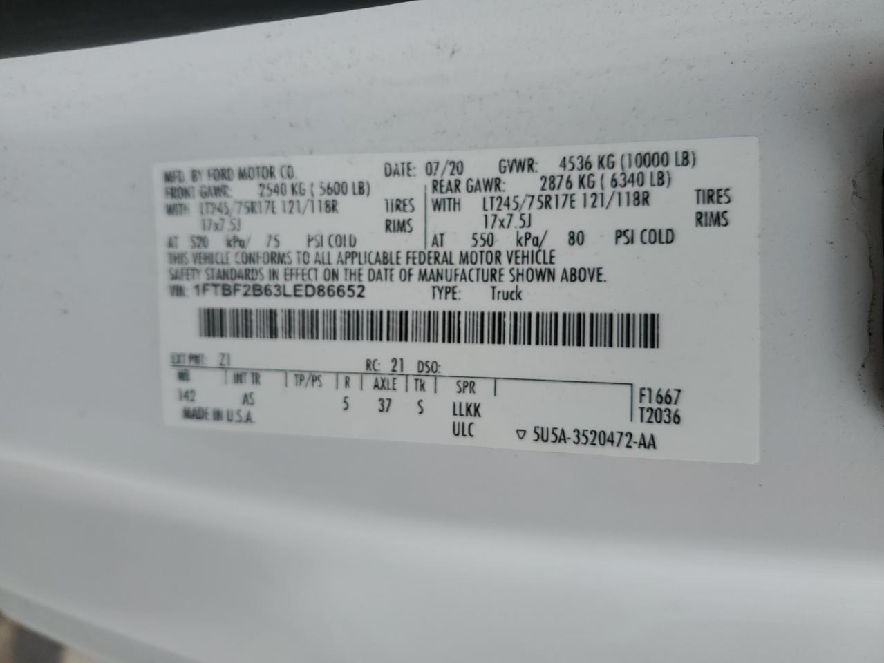 2020 Ford F250 Super Duty VIN: 1FTBF2B63LED86652 Lot: 80781585