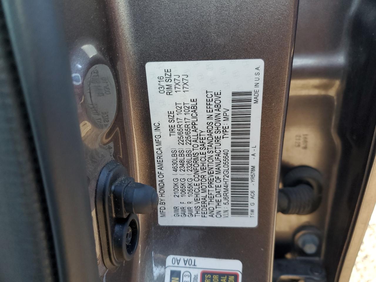 2016 Honda Cr-V Exl VIN: 5J6RM4H72GL055640 Lot: 84564395