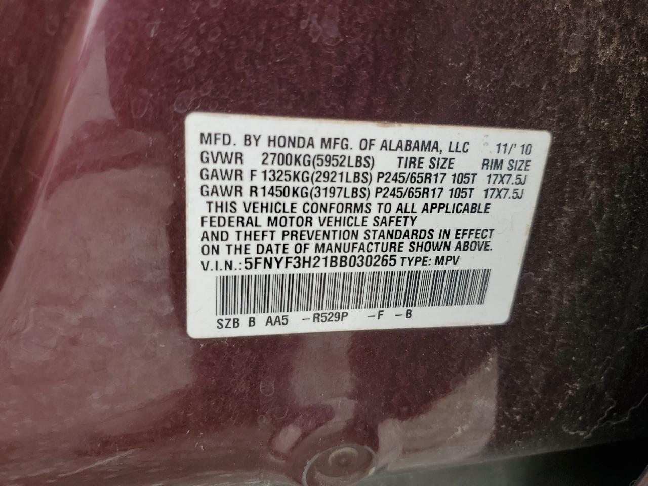 2011 Honda Pilot Lx VIN: 5FNYF3H21BB030265 Lot: 83828705