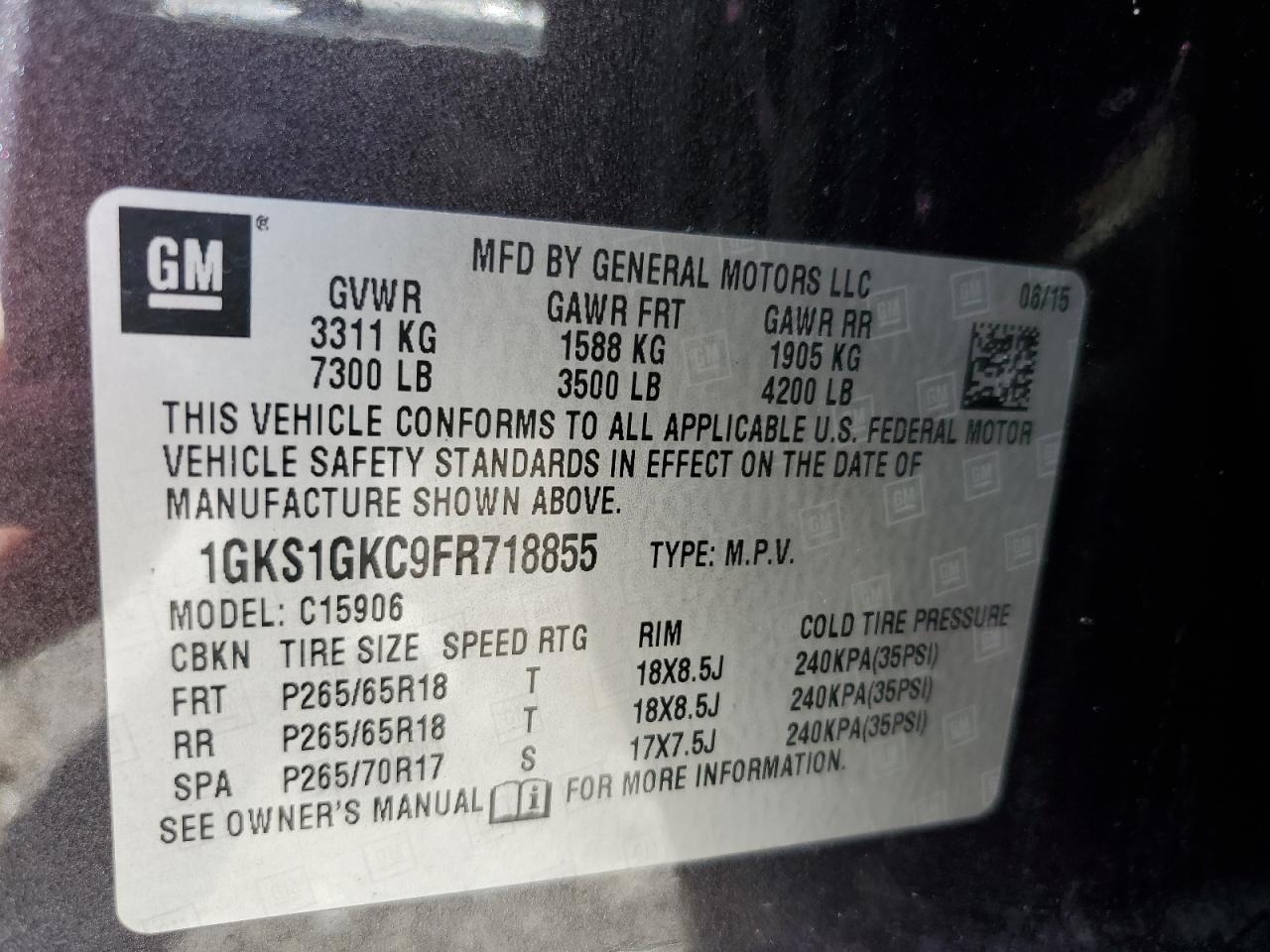 2015 GMC Yukon Xl C1500 Sle VIN: 1GKS1GKC9FR718855 Lot: 80947955