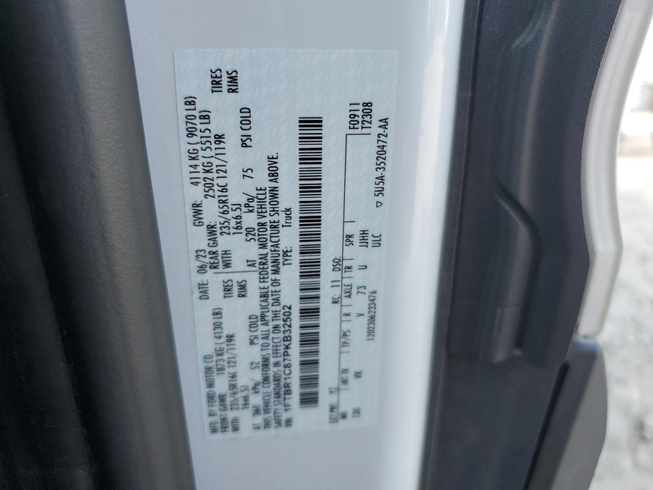 2023 Ford Transit T-250 VIN: 1FTBR1C87PKB32502 Lot: 71922605