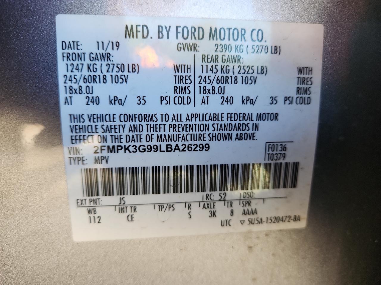 2020 Ford Edge Se VIN: 2FMPK3G99LBA26299 Lot: 71989055