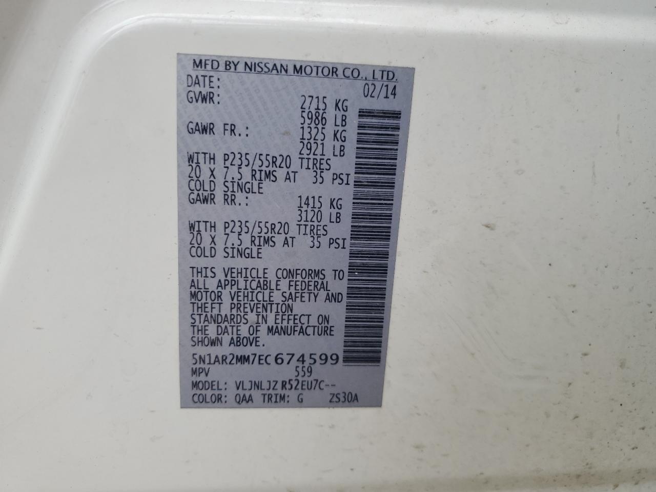 2014 Nissan Pathfinder S VIN: 5N1AR2MM7EC674599 Lot: 84005045