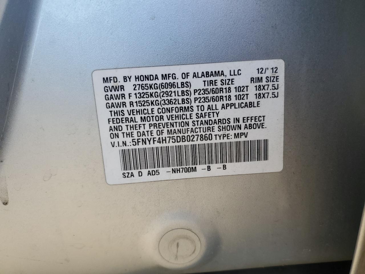 2013 Honda Pilot Exln VIN: 5FNYF4H75DB027860 Lot: 80401465