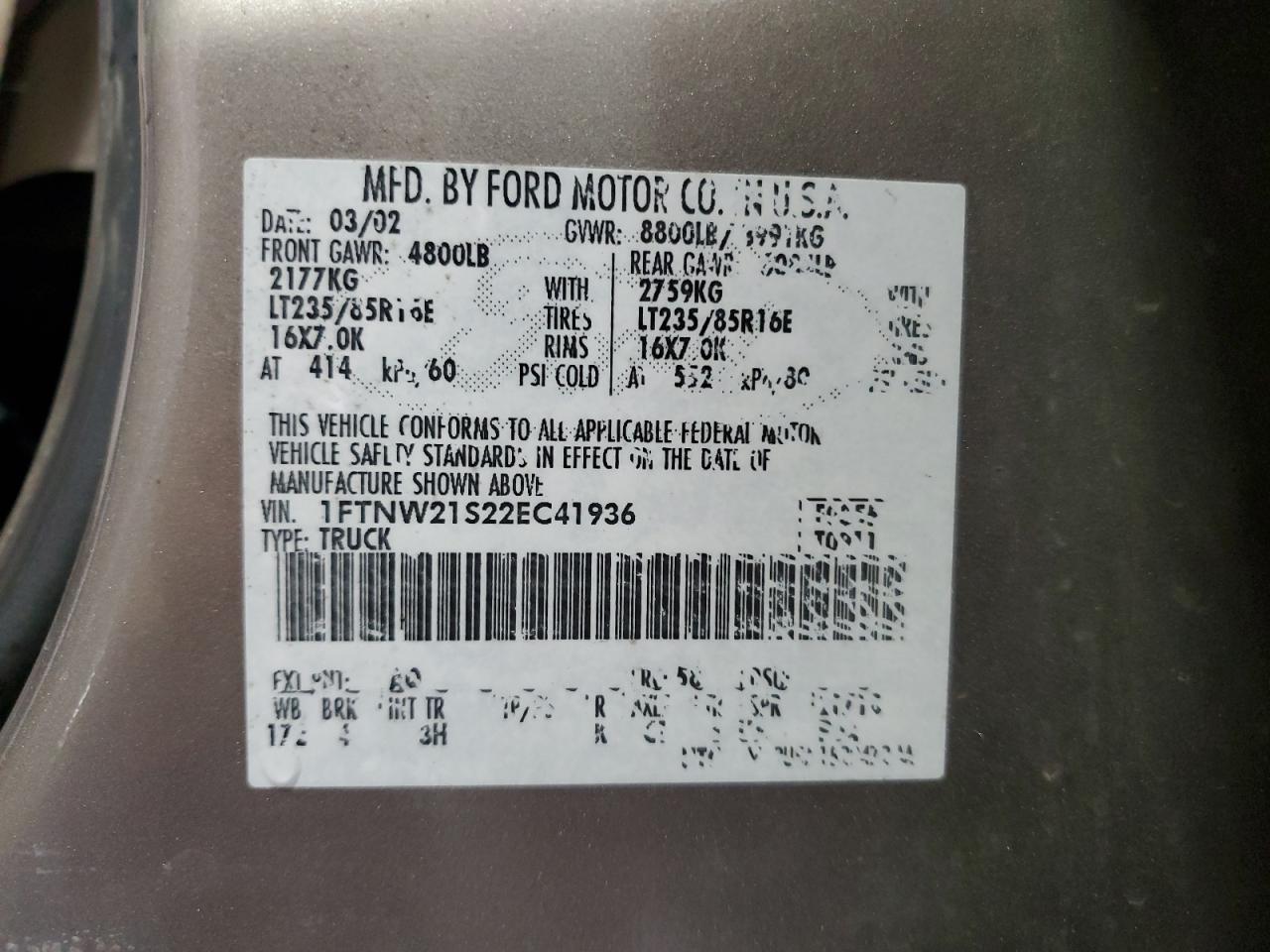 2002 Ford F250 Super Duty VIN: 1FTNW21S22EC41936 Lot: 80954215