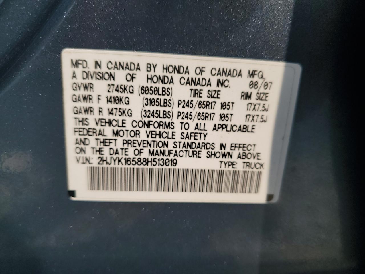 2008 Honda Ridgeline Rtl VIN: 2HJYK16588H513019 Lot: 90573315