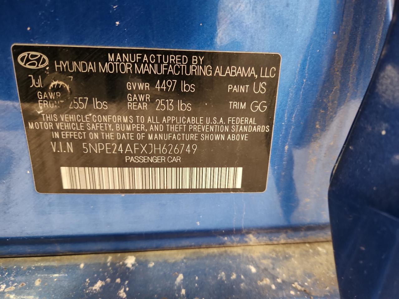 2018 Hyundai Sonata Se VIN: 5NPE24AFXJH626749 Lot: 71558035