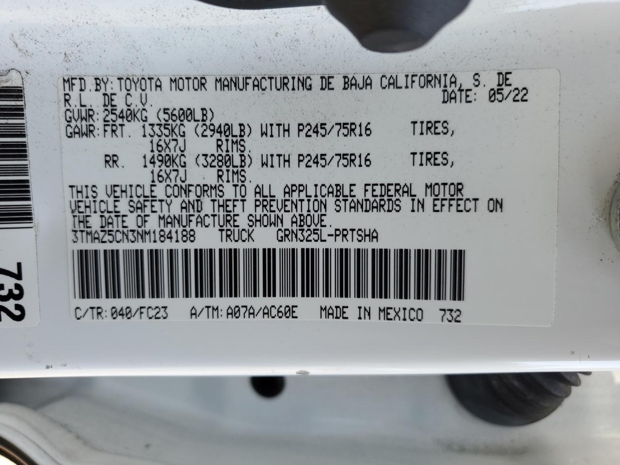 2022 Toyota Tacoma Double Cab VIN: 3TMAZ5CN3NM184188 Lot: 80107995