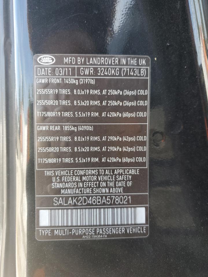 2011 Land Rover Lr4 Hse Luxury VIN: SALAK2D46BA578021 Lot: 83782925