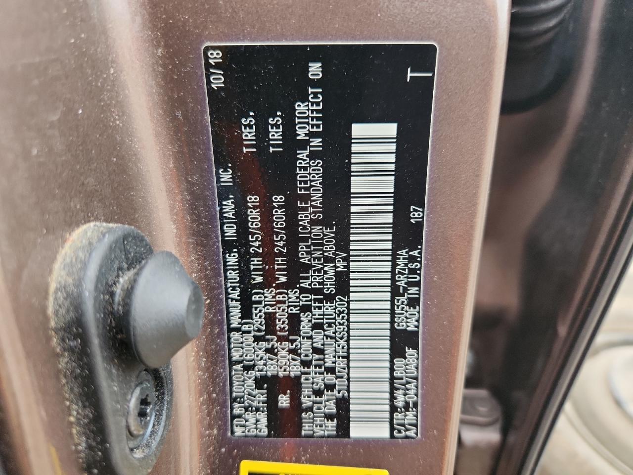 2019 Toyota Highlander Se VIN: 5TDJZRFH5KS935302 Lot: 82071645