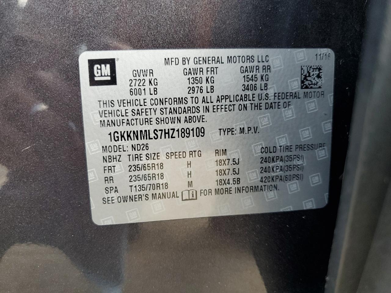 2017 GMC Acadia Slt-1 VIN: 1GKKNMLS7HZ189109 Lot: 82095325