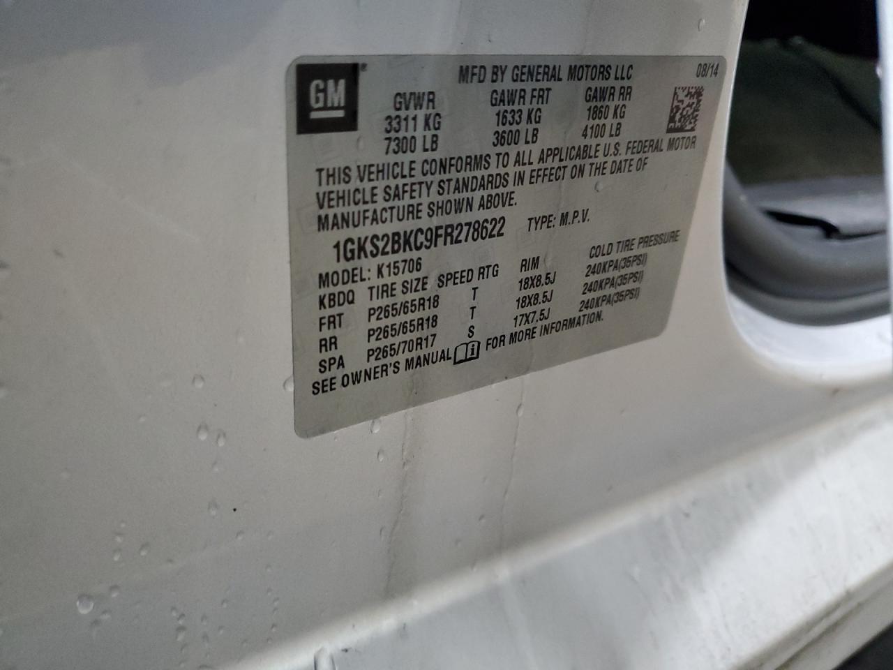 2015 GMC Yukon Slt VIN: 1GKS2BKC9FR278622 Lot: 83937455