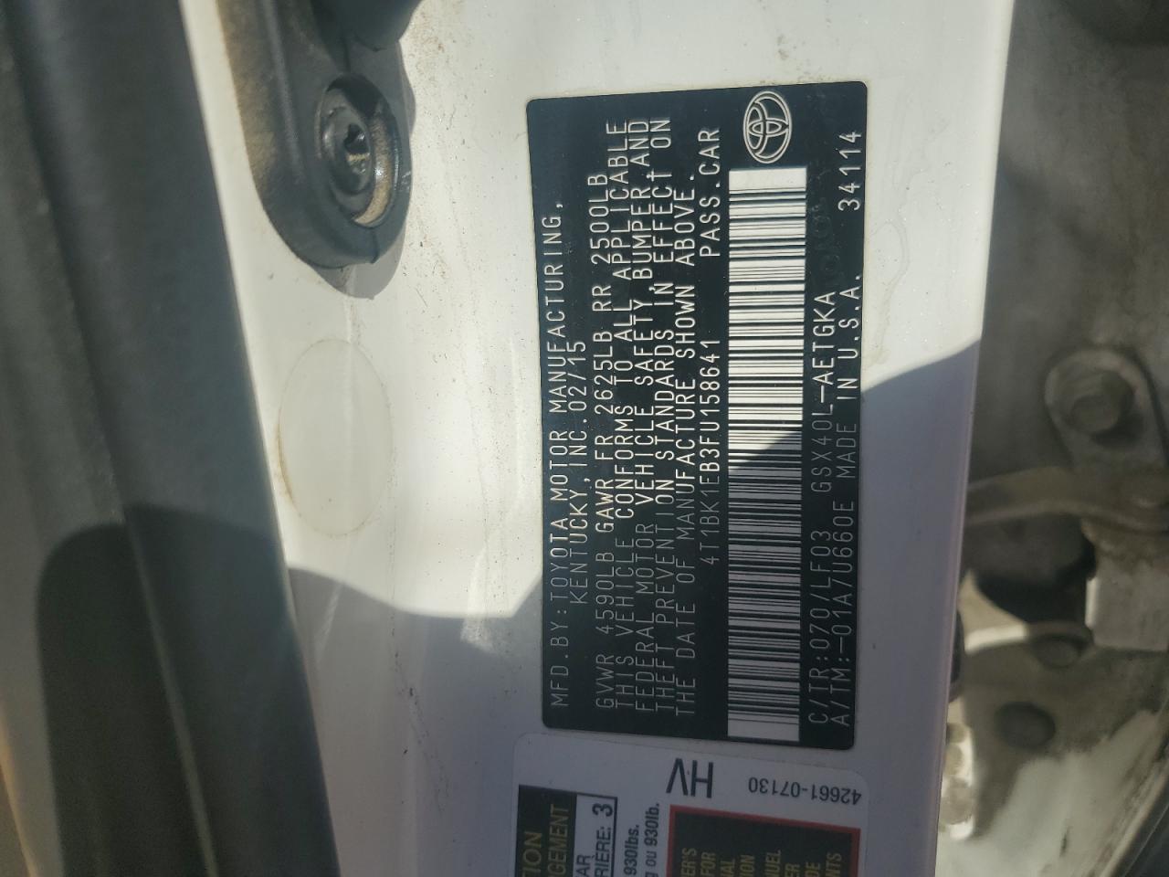 2015 Toyota Avalon Xle VIN: 4T1BK1EB3FU158641 Lot: 82175015