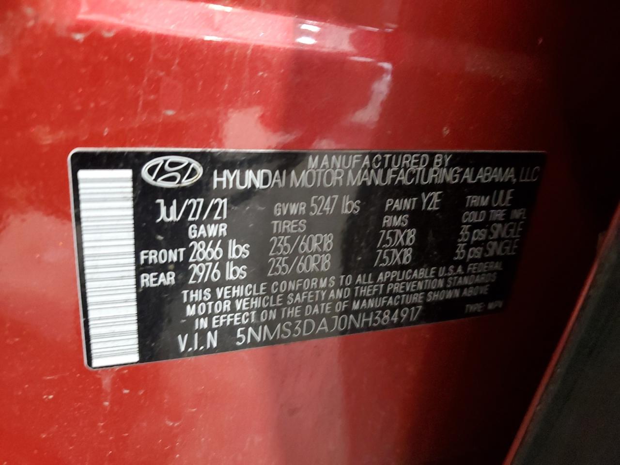 2022 Hyundai Santa Fe Sel VIN: 5NMS3DAJ0NH384917 Lot: 81617295