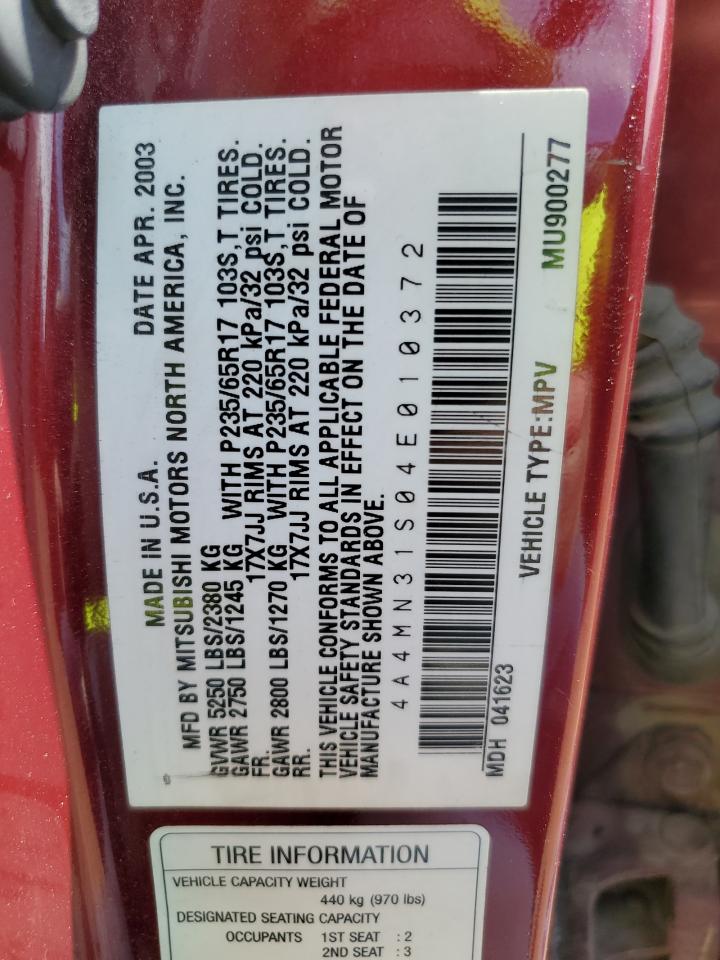 VIN: 4A4MN31S04E010372 MITSUBISHI ENDEAVOR 2004 RED Photo 13