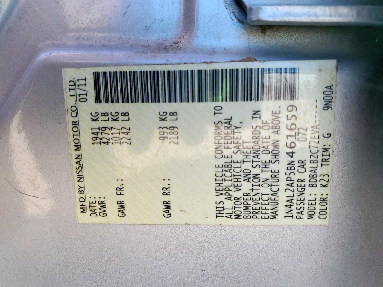 2011 Nissan Altima Base VIN: 1N4AL2AP5BN461659 Lot: 80334025