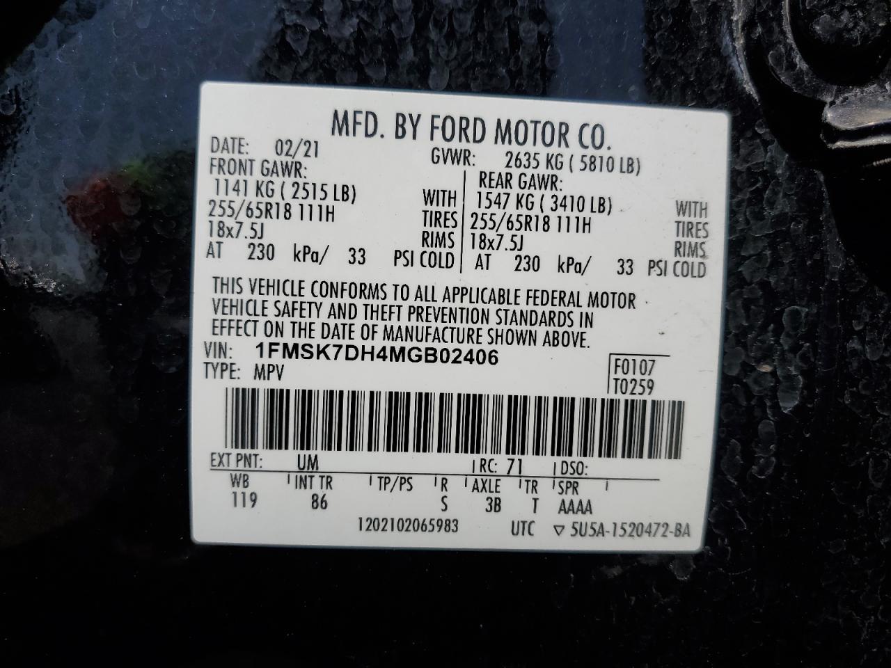 2021 Ford Explorer Xlt VIN: 1FMSK7DH4MGB02406 Lot: 80471975