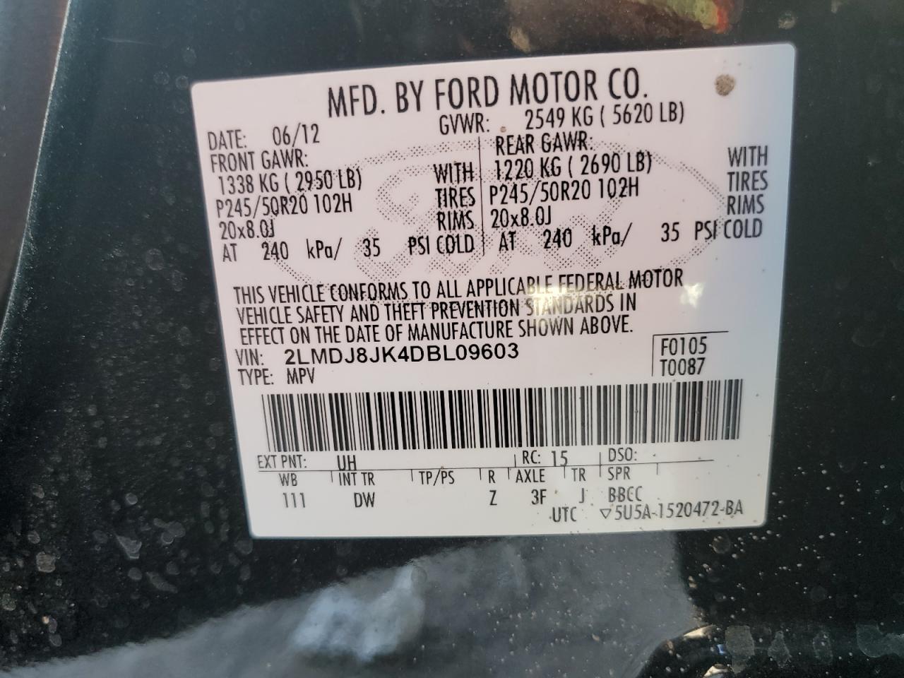 2013 Lincoln Mkx VIN: 2LMDJ8JK4DBL09603 Lot: 81859135