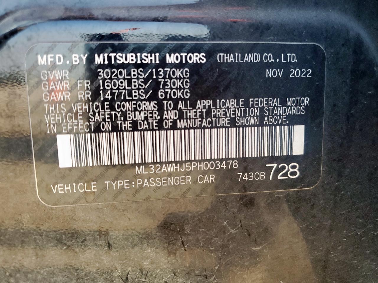2023 Mitsubishi Mirage Se VIN: ML32AWHJ5PH003478 Lot: 72029975