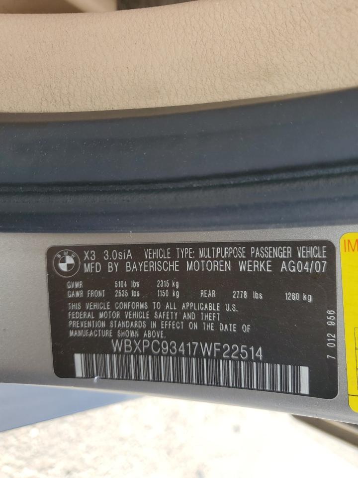 2007 BMW X3 3.0Si VIN: WBXPC93417WF22514 Lot: 71226865